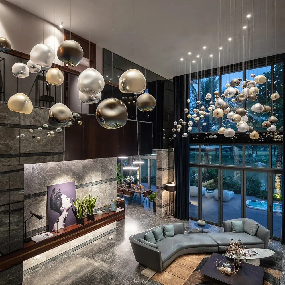 Post-Modern Ball Pendant Light Handmade Murano Orbs Silver Gold Smoke Grey Matt Ball Chandeliers for Hotel Villa Restaurant | Shopping Mall | 2 Post-Modern Ball Pendant Light Handmade Murano Orbs Silver Gold Smoke Grey Matt Ball Chandeliers for Hotel Villa Restaurant | Shopping Mall | - Image 2